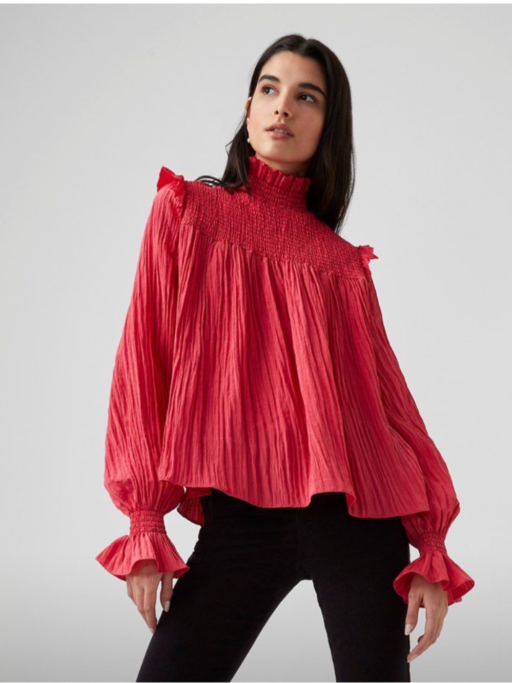 French Connection / Womens Boza Pink smocked Mock Neck Ruffled Shirt Blouse S